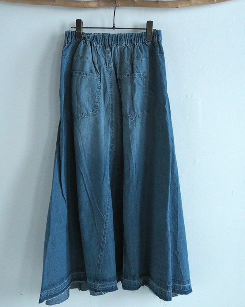 デニムフレアスカート ロング丈 ウエストゴム 切りっぱなし裾 ダメージ加工 カジュアル 甘辛MIX 着回し抜群