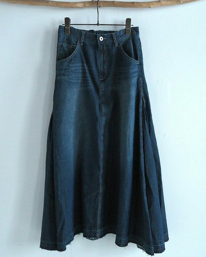 デニムフレアスカート ロング丈 ウエストゴム 切りっぱなし裾 ダメージ加工 カジュアル 甘辛MIX 着回し抜群