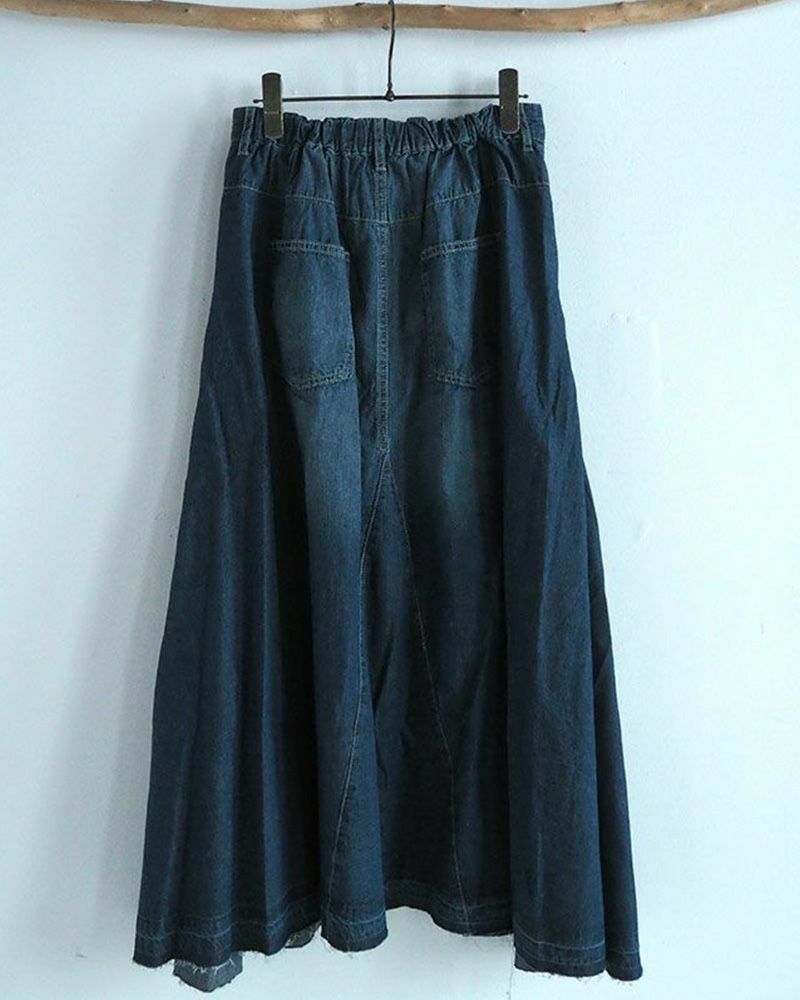 デニムフレアスカート ロング丈 ウエストゴム 切りっぱなし裾 ダメージ加工 カジュアル 甘辛MIX 着回し抜群
