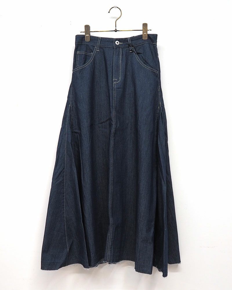 デニムフレアスカート ロング丈 ウエストゴム 切りっぱなし裾 ダメージ加工 カジュアル 甘辛MIX 着回し抜群