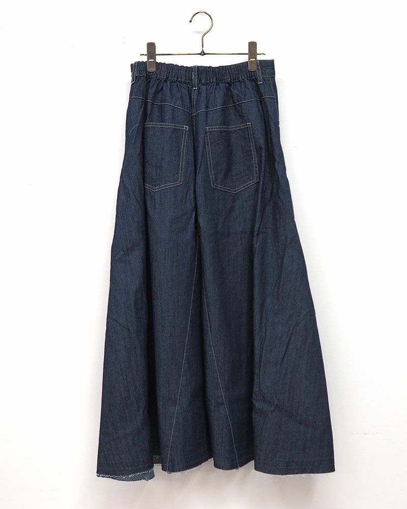 デニムフレアスカート ロング丈 ウエストゴム 切りっぱなし裾 ダメージ加工 カジュアル 甘辛MIX 着回し抜群