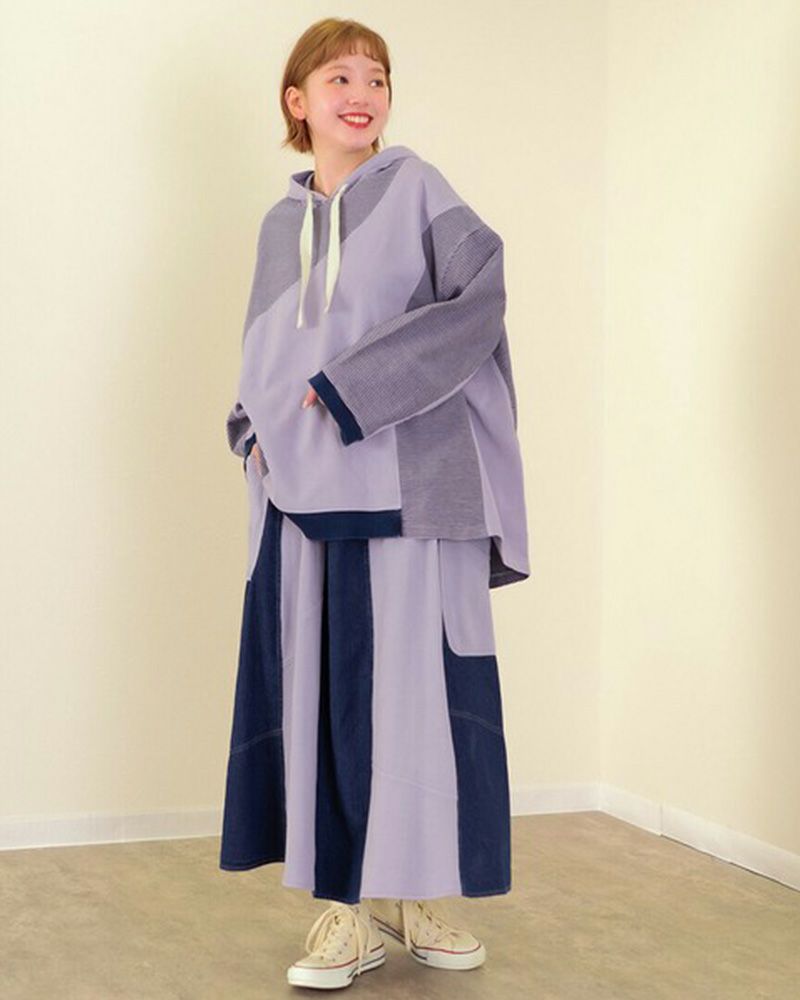 mililopiulu ミリロピュール デニム×裏毛 ガーメントダイ切替フーディー ユニセックス オーバーサイズ カジュアル フーディー パーカー