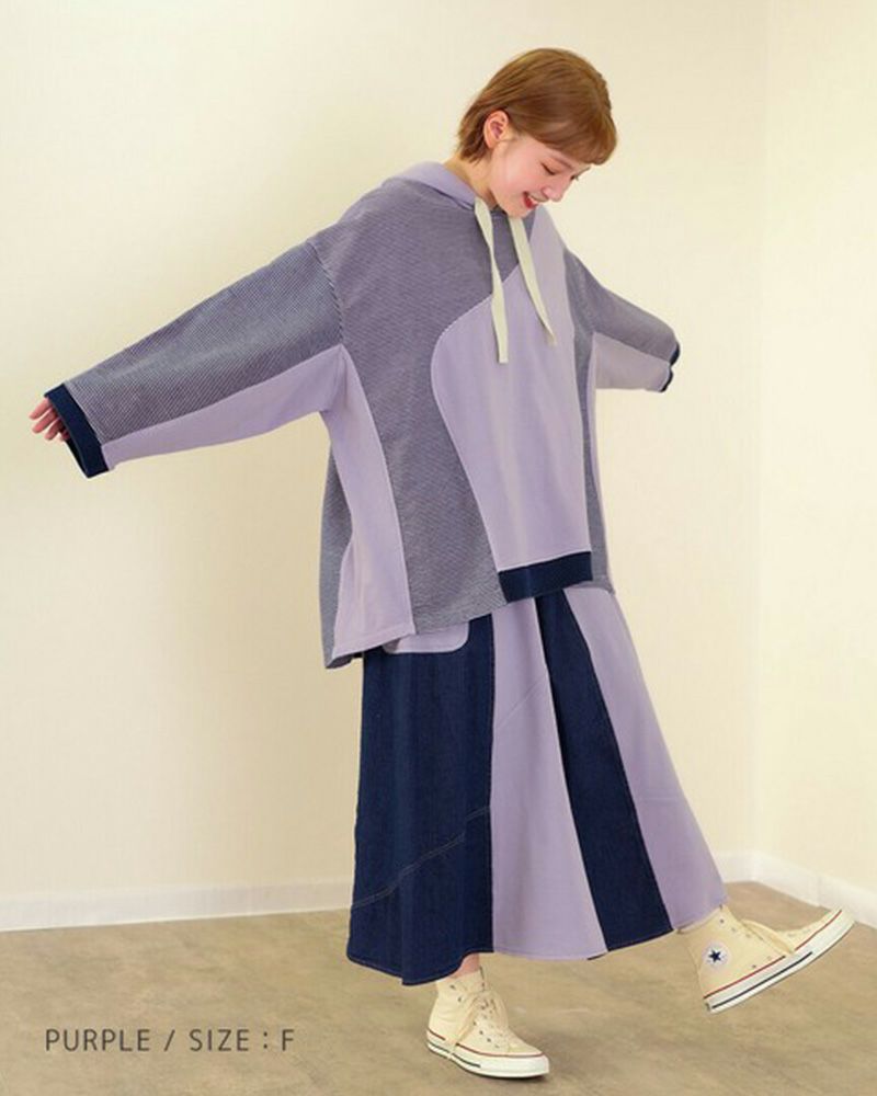 mililopiulu ミリロピュール デニム×裏毛 ガーメントダイ切替フーディー ユニセックス オーバーサイズ カジュアル フーディー パーカー