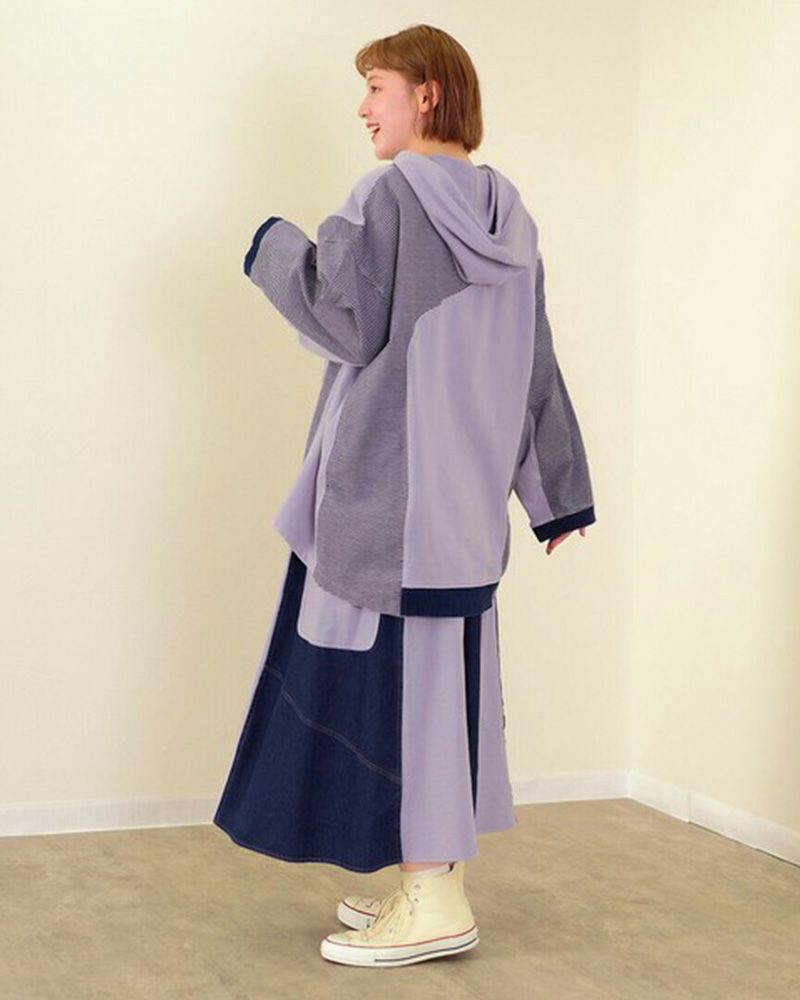 mililopiulu ミリロピュール デニム×裏毛 ガーメントダイ切替フーディー ユニセックス オーバーサイズ カジュアル フーディー パーカー