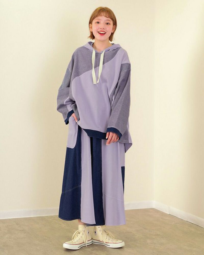 mililopiulu ミリロピュール デニム×裏毛 ガーメントダイ切替フーディー ユニセックス オーバーサイズ カジュアル フーディー パーカー