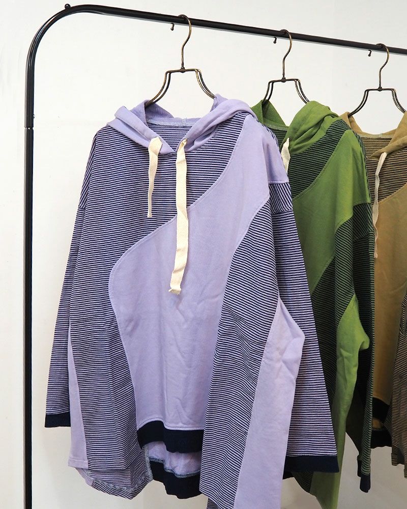 mililopiulu ミリロピュール デニム×裏毛 ガーメントダイ切替フーディー ユニセックス オーバーサイズ カジュアル フーディー パーカー