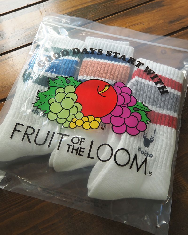 FRUIT OF THE LOOM フルーツオブザルーム × Pokke ポッケ コラボソックス 3足セット 刺繍入り ロゴデザイン