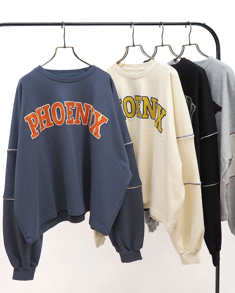 裏毛刺繍袖切替プルオーバー レディース オーバーサイズ スウェット カジュアル カレッジロゴ トップス 秋新作