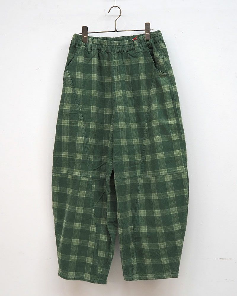 コーデュロイ素材のゆったりボールパンツ レディース ワイドシルエット イージーパンツ チェック柄 秋冬カジュアルコーデ