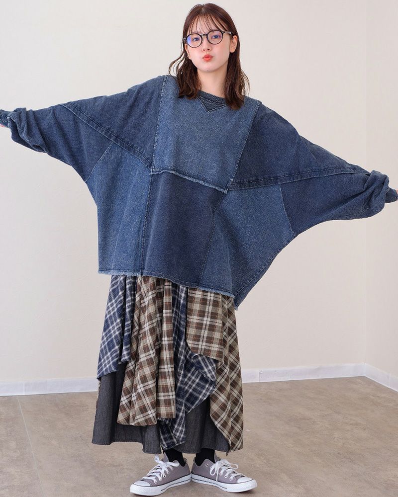 ランダムヘムロングスカート レディース アシンメトリー 裾 デニム×チェック ウエストゴム 大人カジュアル 秋冬