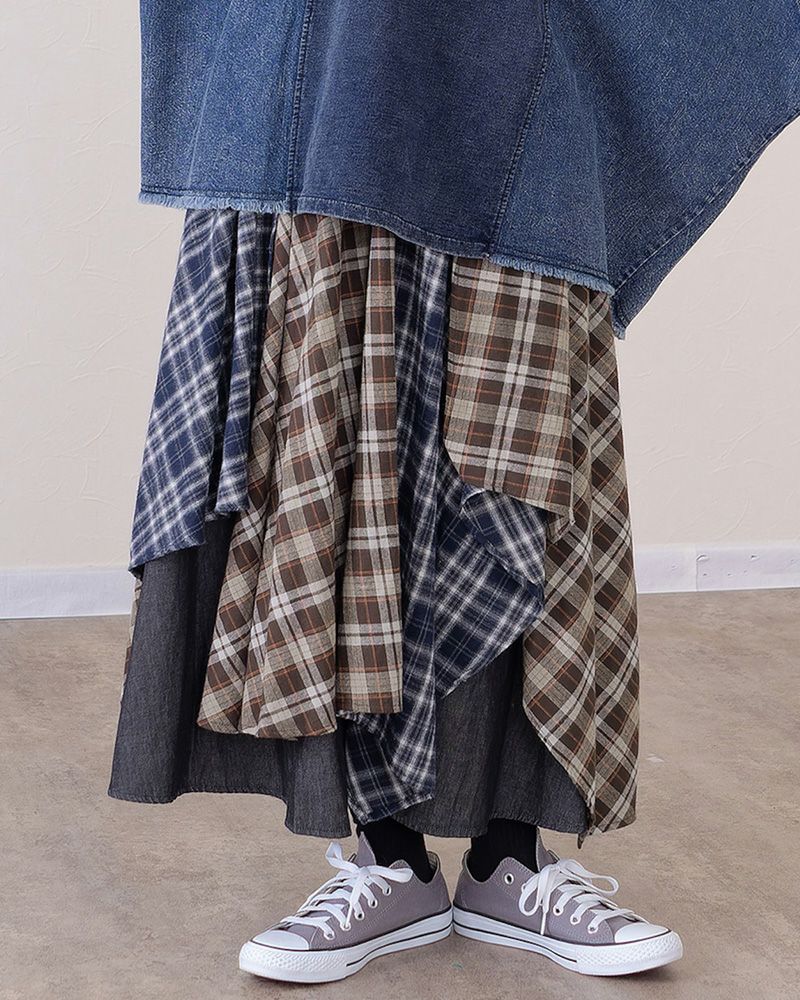 ランダムヘムロングスカート レディース アシンメトリー 裾 デニム×チェック ウエストゴム 大人カジュアル 秋冬