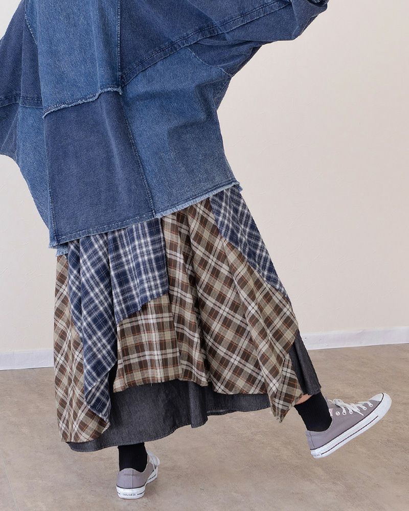 ランダムヘムロングスカート レディース アシンメトリー 裾 デニム×チェック ウエストゴム 大人カジュアル 秋冬