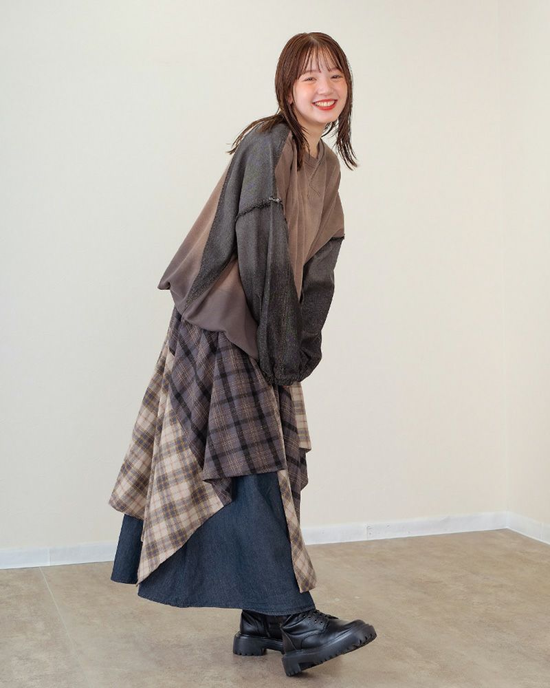 ランダムヘムロングスカート レディース アシンメトリー 裾 デニム×チェック ウエストゴム 大人カジュアル 秋冬