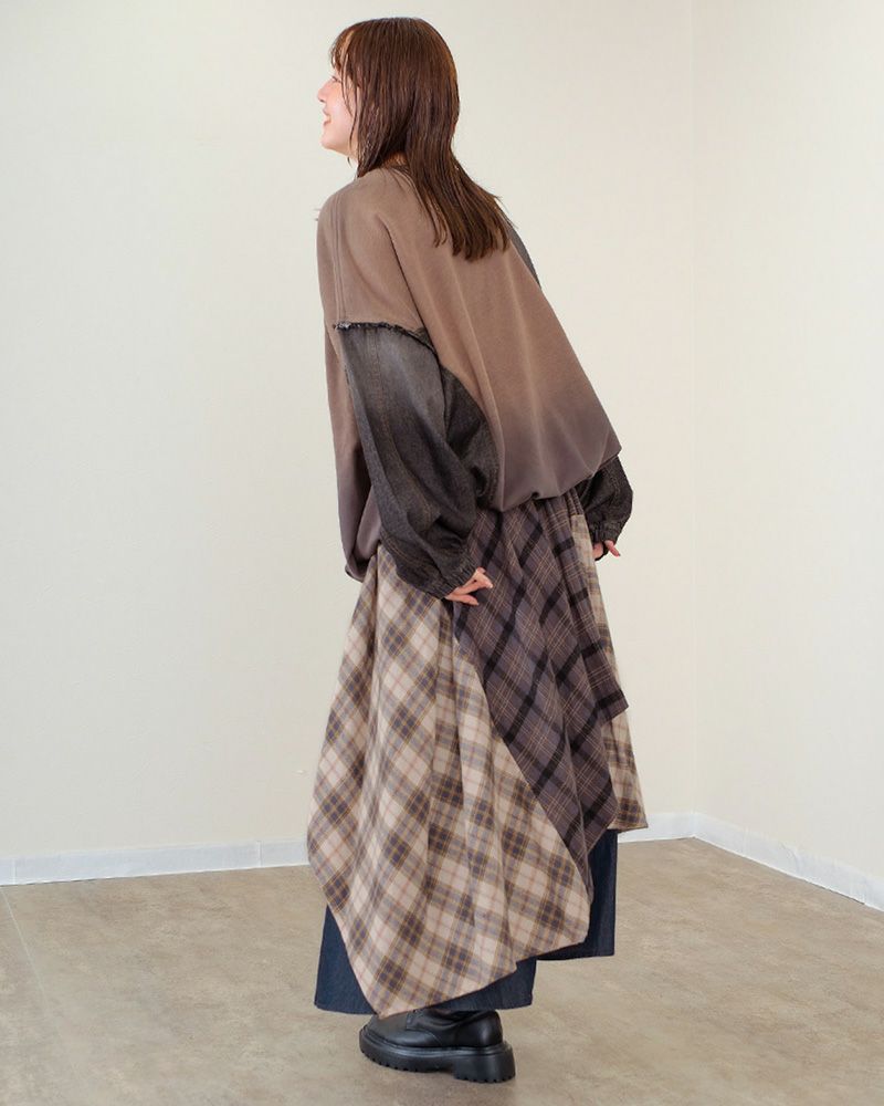 ランダムヘムロングスカート レディース アシンメトリー 裾 デニム×チェック ウエストゴム 大人カジュアル 秋冬