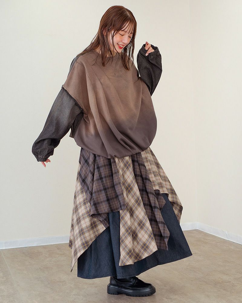 ランダムヘムロングスカート レディース アシンメトリー 裾 デニム×チェック ウエストゴム 大人カジュアル 秋冬