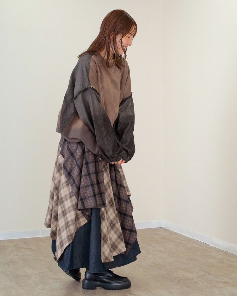 ランダムヘムロングスカート レディース アシンメトリー 裾 デニム×チェック ウエストゴム 大人カジュアル 秋冬