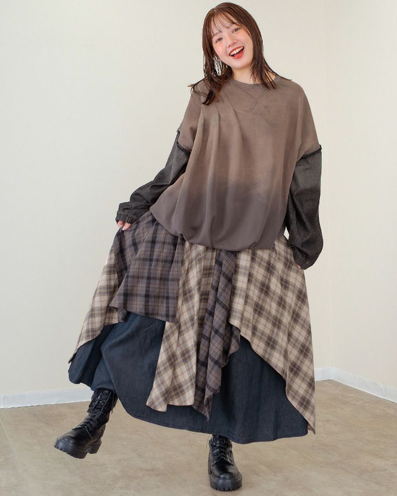 ランダムヘムロングスカート レディース アシンメトリー 裾 デニム×チェック ウエストゴム 大人カジュアル 秋冬