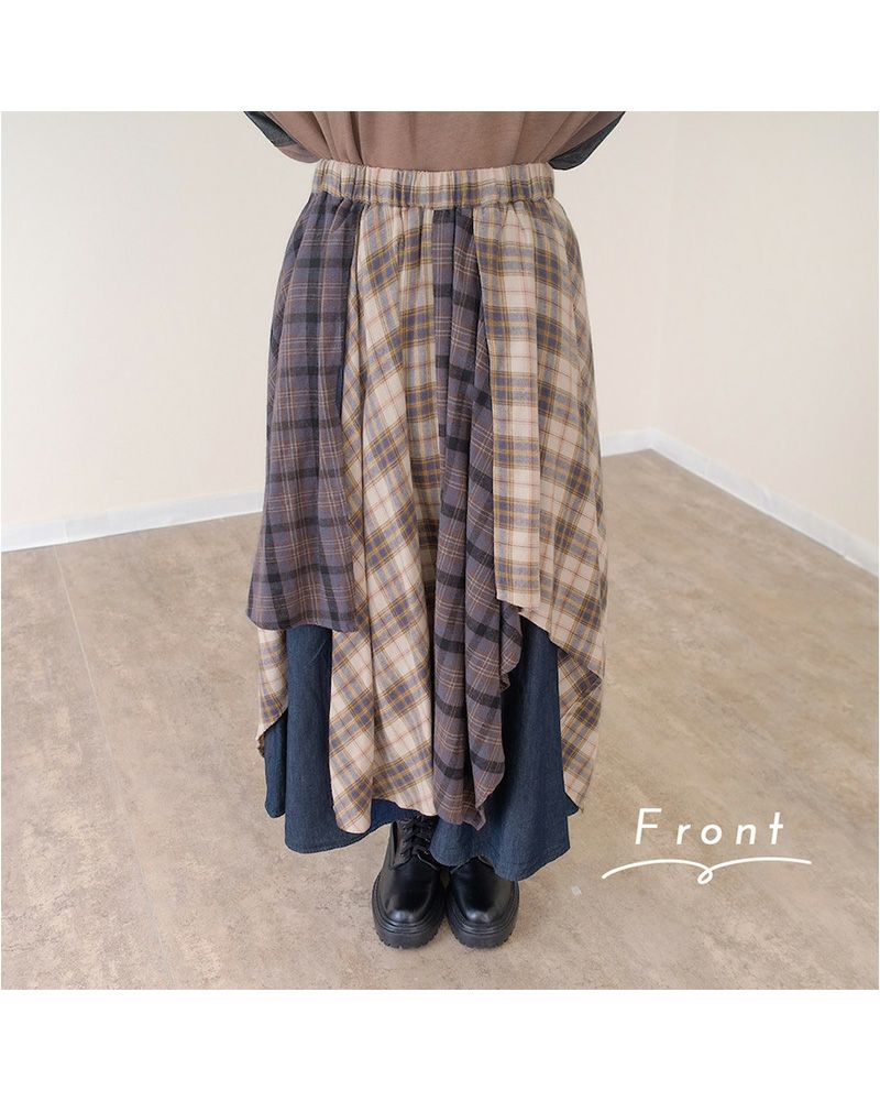 ランダムヘムロングスカート レディース アシンメトリー 裾 デニム×チェック ウエストゴム 大人カジュアル 秋冬