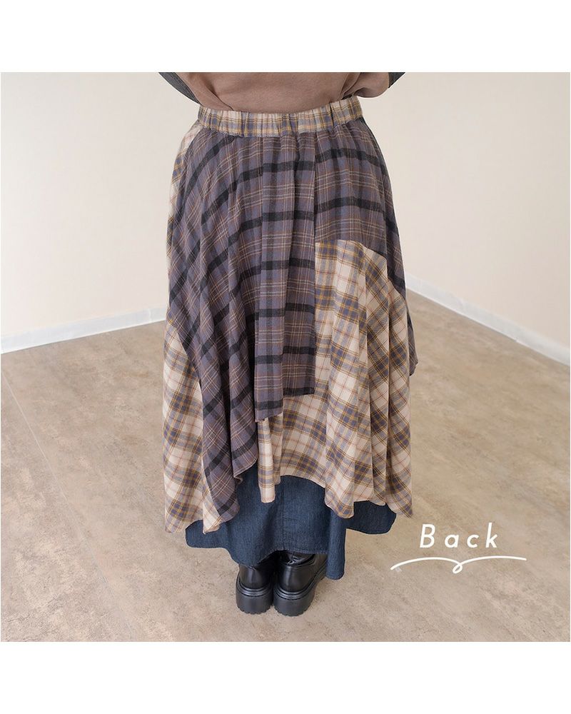 ランダムヘムロングスカート レディース アシンメトリー 裾 デニム×チェック ウエストゴム 大人カジュアル 秋冬