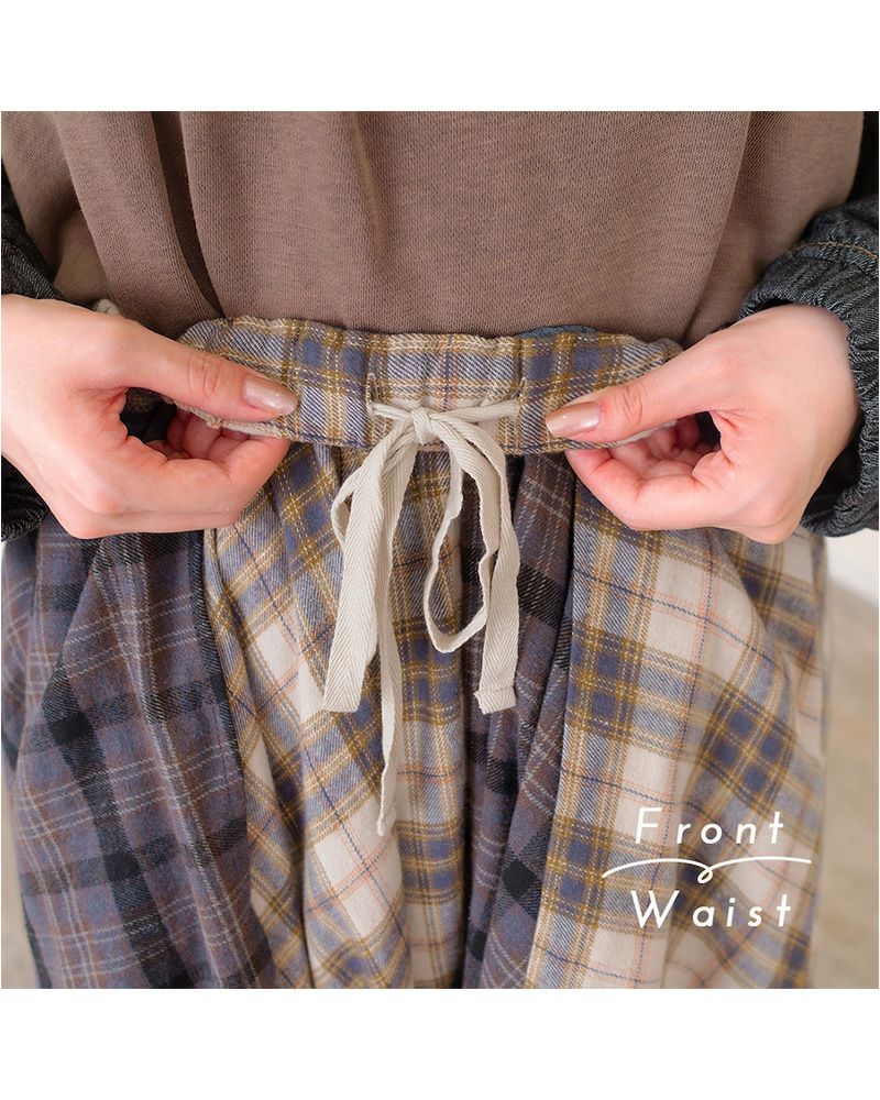ランダムヘムロングスカート レディース アシンメトリー 裾 デニム×チェック ウエストゴム 大人カジュアル 秋冬