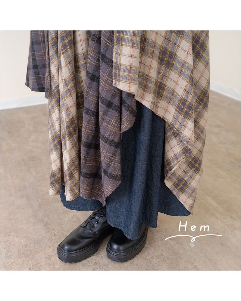 ランダムヘムロングスカート レディース アシンメトリー 裾 デニム×チェック ウエストゴム 大人カジュアル 秋冬