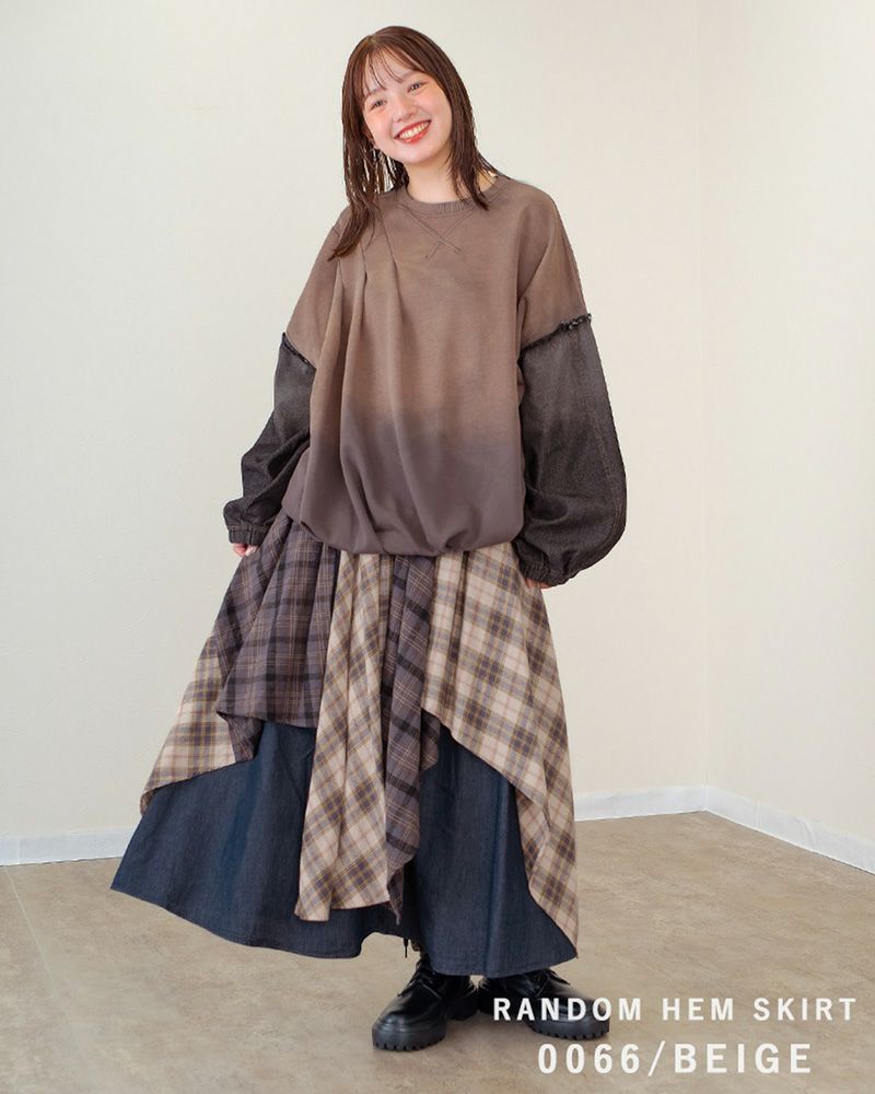 ランダムヘムロングスカート レディース アシンメトリー 裾 デニム×チェック ウエストゴム 大人カジュアル 秋冬