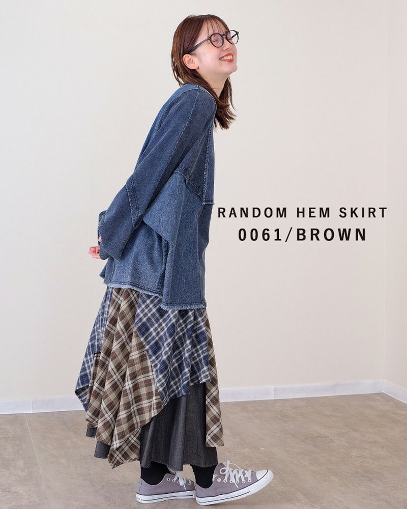 ランダムヘムロングスカート レディース アシンメトリー 裾 デニム×チェック ウエストゴム 大人カジュアル 秋冬