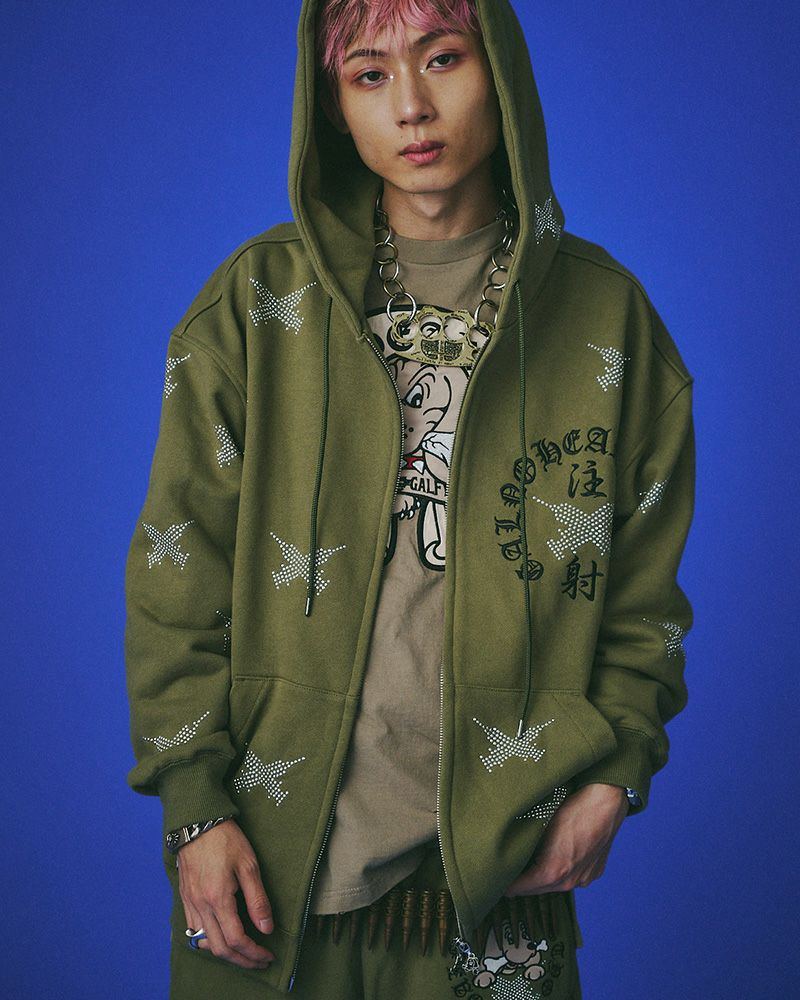 GALFY ガルフィー ピカピカ注射器パーカー 総柄 ジップアップ オーバーサイズ ユニセックス ストリート 個性派