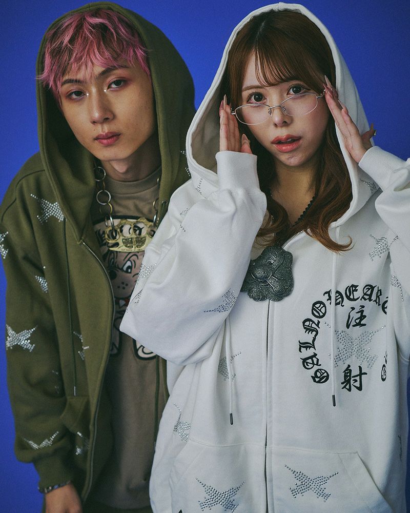 GALFY ガルフィー ピカピカ注射器パーカー 総柄 ジップアップ オーバーサイズ ユニセックス ストリート 個性派