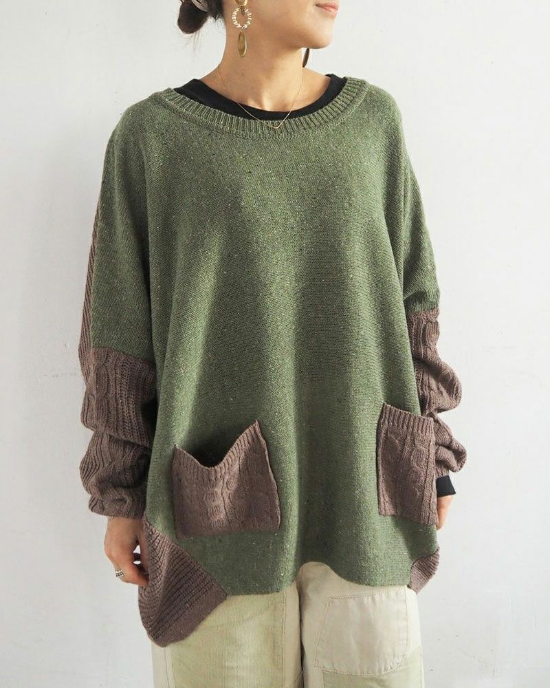 カラフルネップ ニットプルオーバー ケーブル編み リブ切替 ゆったりシルエット クルーネック 秋冬 ユニセックス