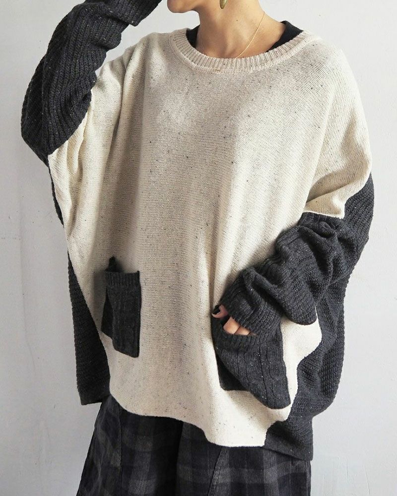 カラフルネップ ニットプルオーバー ケーブル編み リブ切替 ゆったりシルエット クルーネック 秋冬 ユニセックス