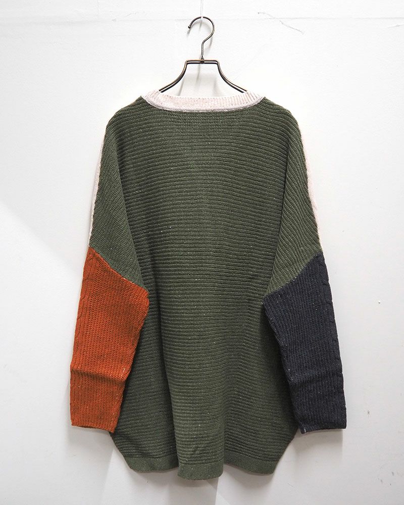 カラフルネップ ニットプルオーバー ケーブル編み リブ切替 ゆったりシルエット クルーネック 秋冬 ユニセックス