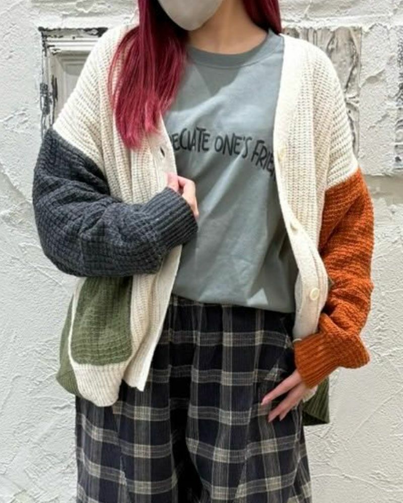 ネップ配色ニットカーディガン カラフル デザインニット 配色切替 Vネック ゆったりシルエット 秋冬 羽織り