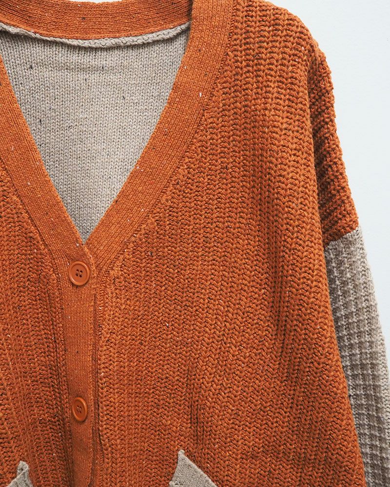 ネップ配色ニットカーディガン カラフル デザインニット 配色切替 Vネック ゆったりシルエット 秋冬 羽織り