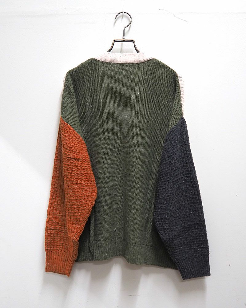 ネップ配色ニットカーディガン カラフル デザインニット 配色切替 Vネック ゆったりシルエット 秋冬 羽織り