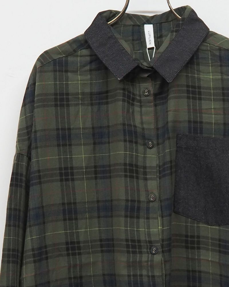 ビエラチェックブラウス レディース 薄手 デニム襟 ポケット付き 長袖