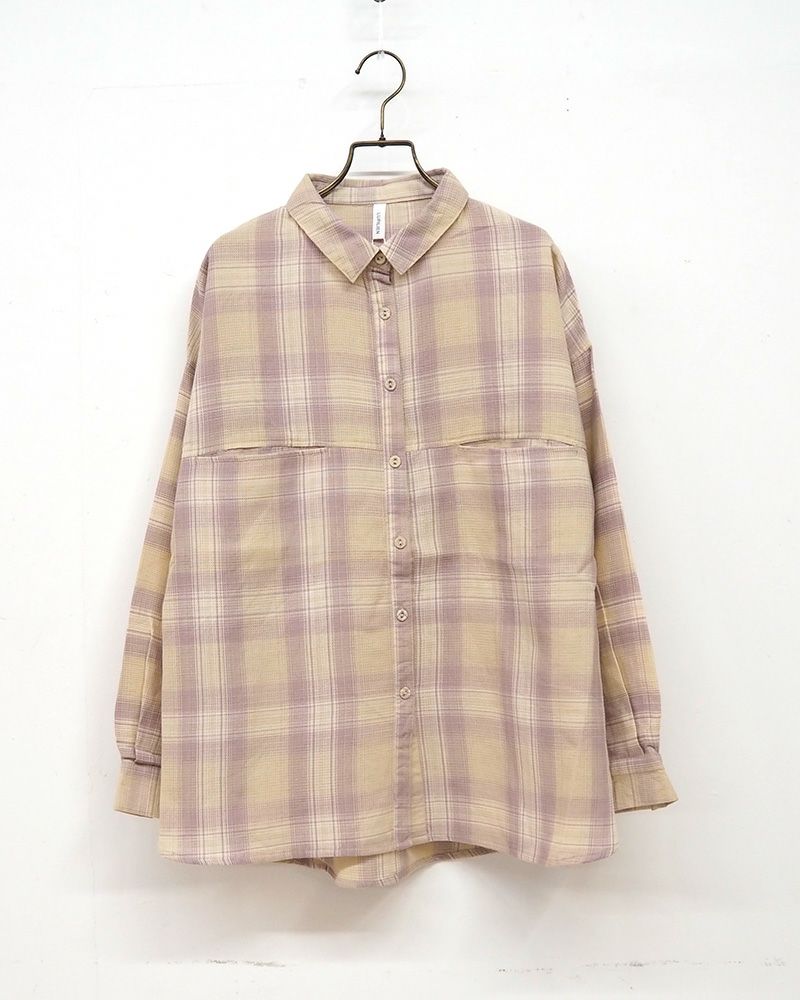 ワッフルチェックブラウス レディース 薄手 ナチュラルカラー 長袖