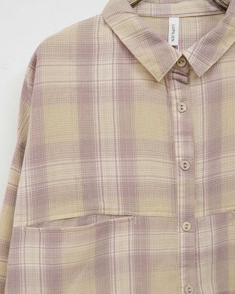 ワッフルチェックブラウス レディース 薄手 ナチュラルカラー 長袖