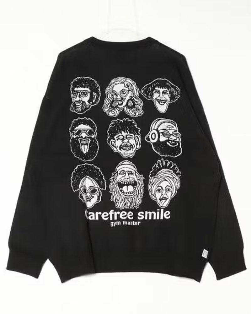 gym master（ジムマスター）のcarefree smile ジャガードニットクルーネック。笑顔モチーフをジャガードで表現したグレー・ブラック・グリーンの3色展開ニット。