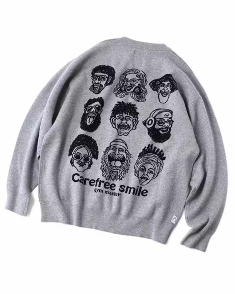 gym master（ジムマスター）のcarefree smile ジャガードニットクルーネック。笑顔モチーフをジャガードで表現したグレー・ブラック・グリーンの3色展開ニット。
