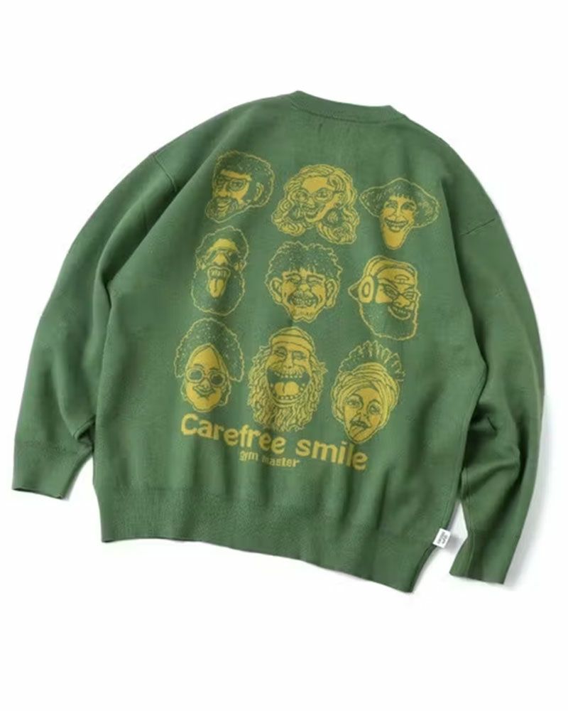 gym master（ジムマスター）のcarefree smile ジャガードニットクルーネック。笑顔モチーフをジャガードで表現したグレー・ブラック・グリーンの3色展開ニット。