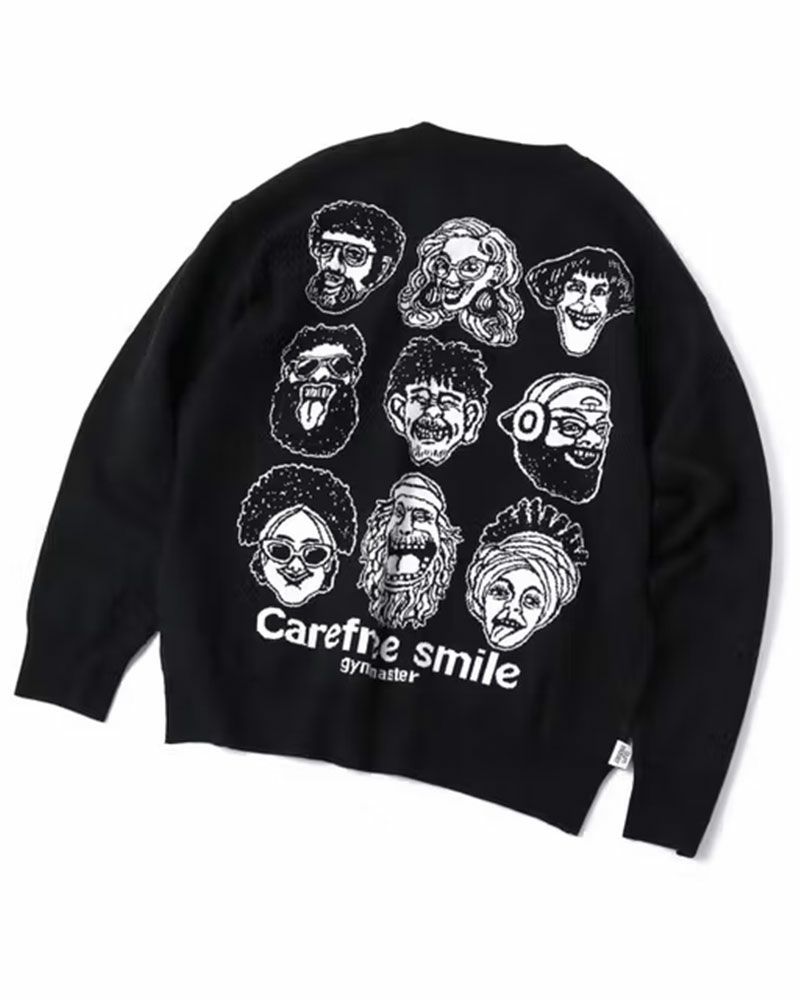 gym master（ジムマスター）のcarefree smile ジャガードニットクルーネック。笑顔モチーフをジャガードで表現したグレー・ブラック・グリーンの3色展開ニット。