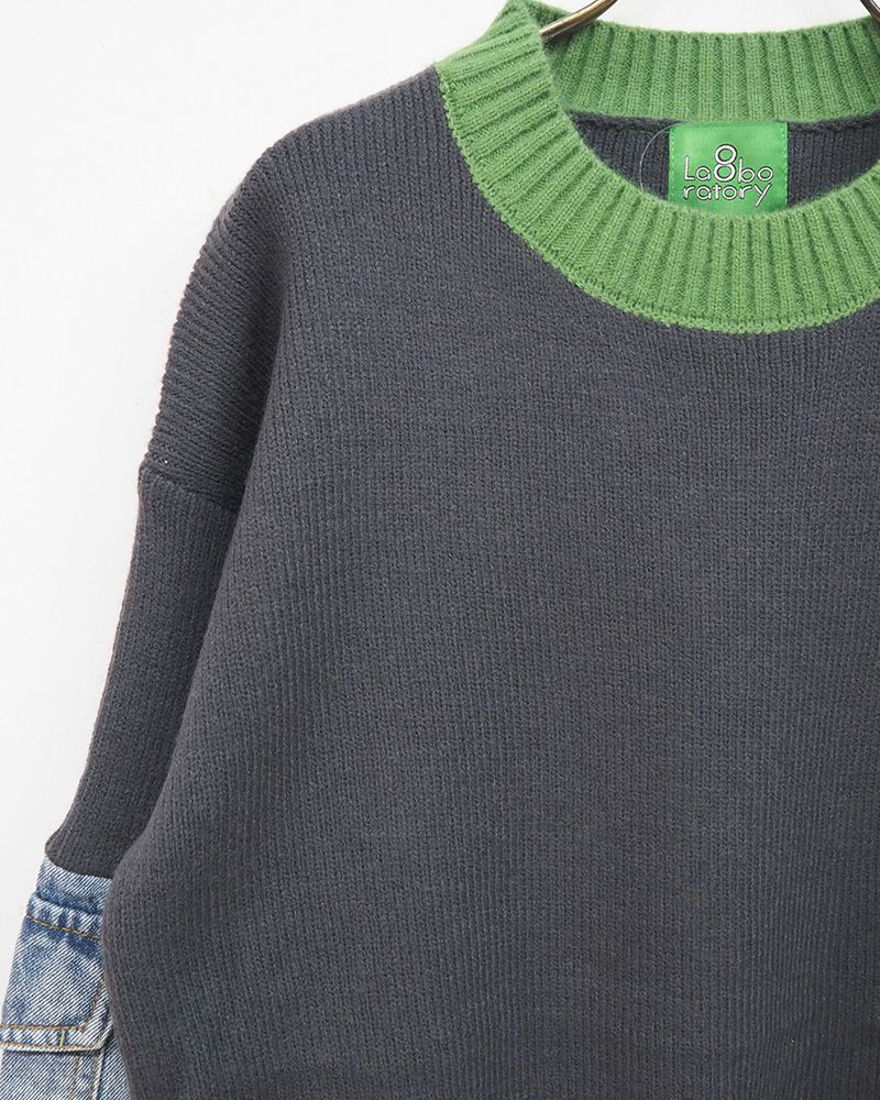 8Laboratory 配色ニット×デニムのドッキングプルオーバー グレー／レディースファッション 秋冬トップス