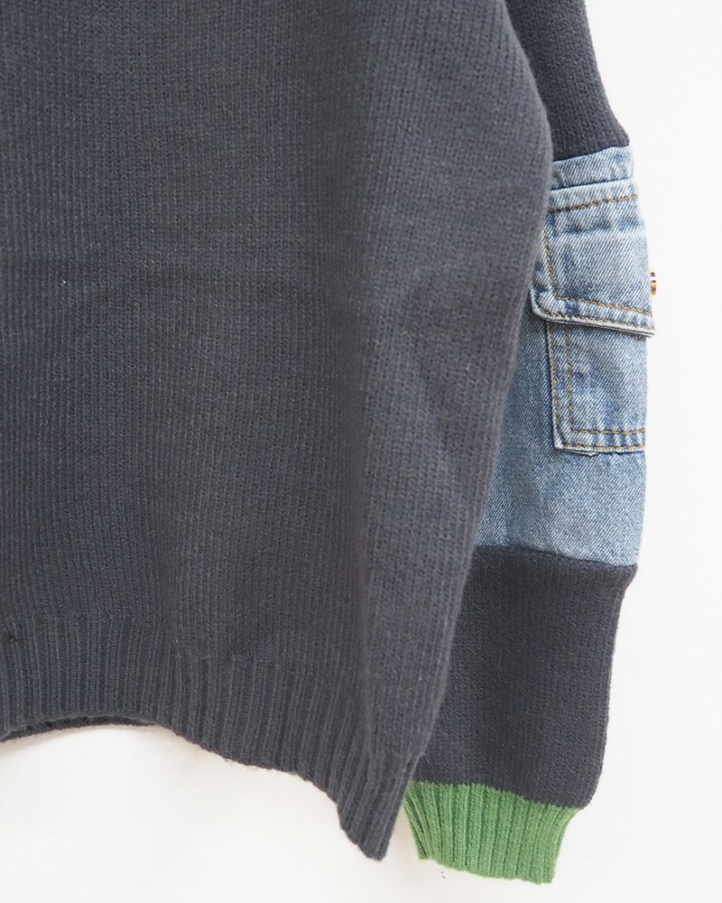 8Laboratory 配色ニット×デニムのドッキングプルオーバー グレー／レディースファッション 秋冬トップス
