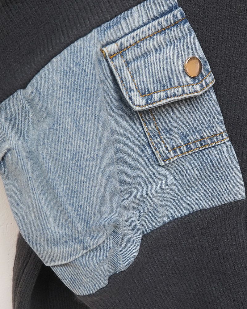 8Laboratory 配色ニット×デニムのドッキングプルオーバー グレー／レディースファッション 秋冬トップス