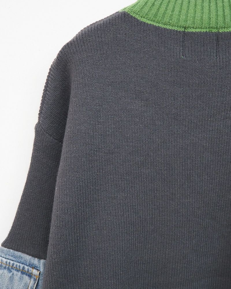 8Laboratory 配色ニット×デニムのドッキングプルオーバー グレー／レディースファッション 秋冬トップス