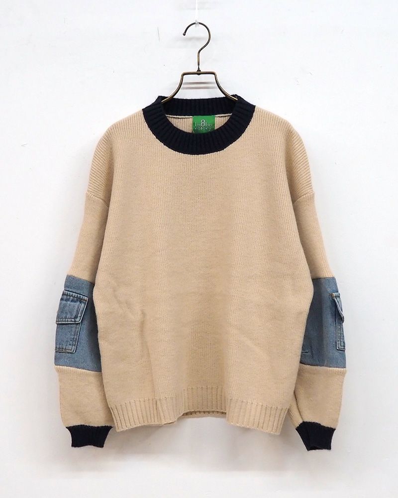 8Laboratory 配色ニット×デニムのドッキングプルオーバー グレー／レディースファッション 秋冬トップス