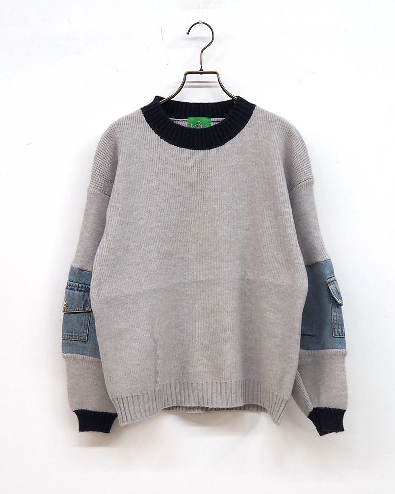 8Laboratory 配色ニット×デニムのドッキングプルオーバー グレー／レディースファッション 秋冬トップス