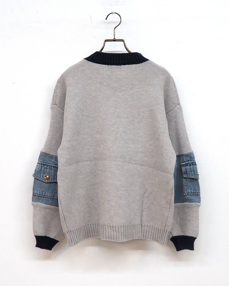 8Laboratory 配色ニット×デニムのドッキングプルオーバー グレー／レディースファッション 秋冬トップス