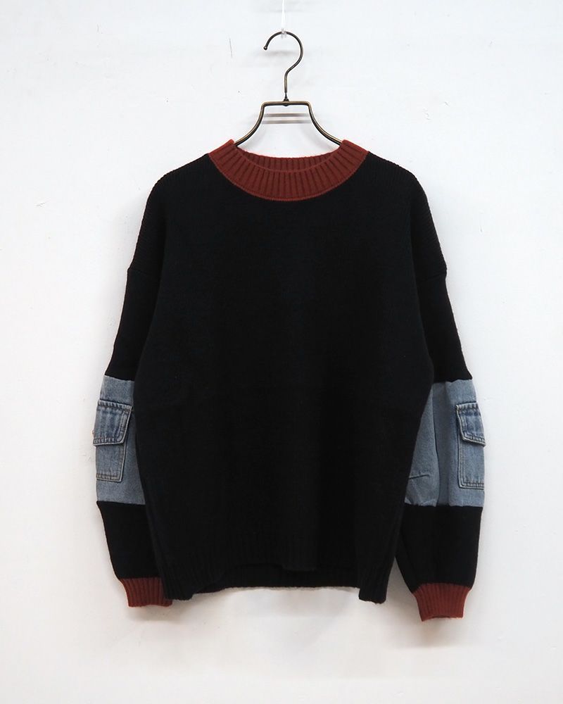 8Laboratory 配色ニット×デニムのドッキングプルオーバー グレー／レディースファッション 秋冬トップス